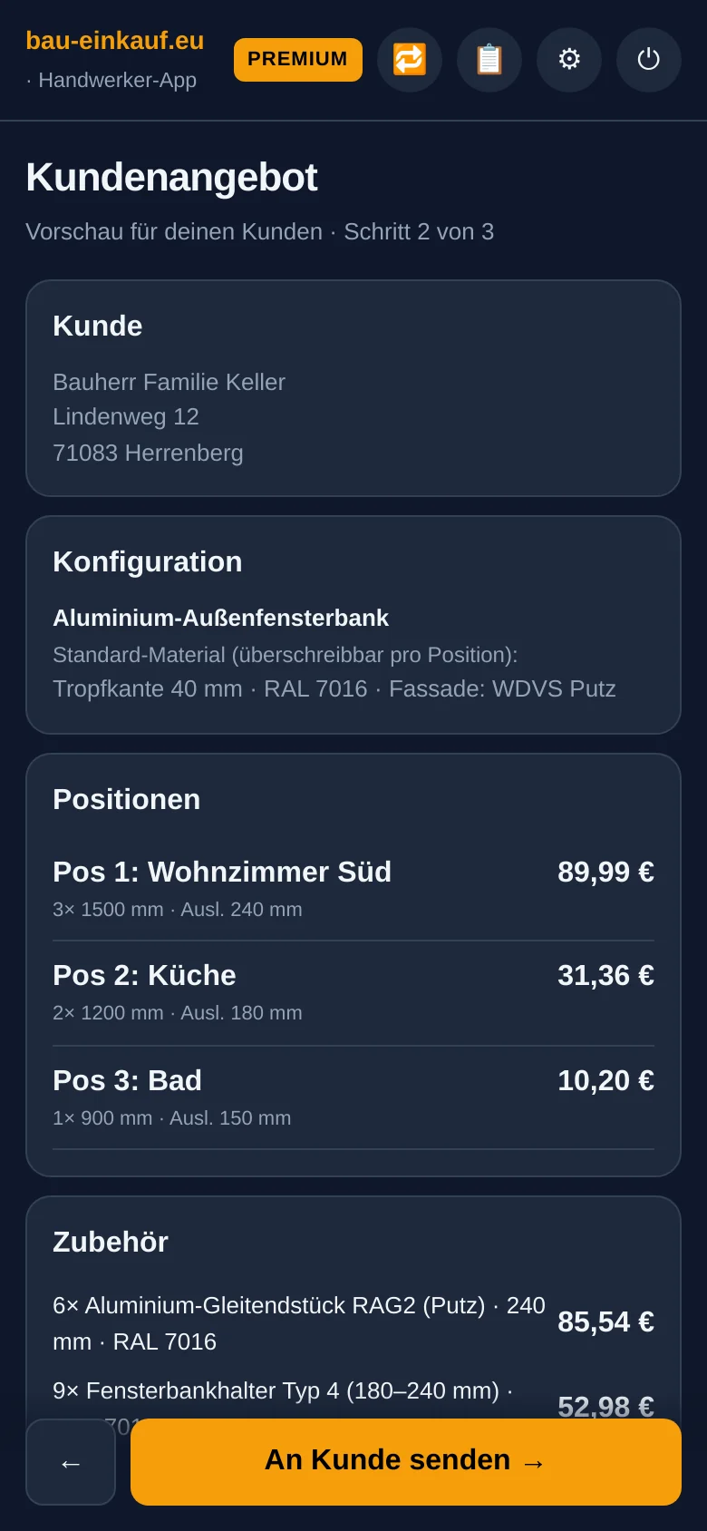 Handwerker-App: Kundenangebot mit Kundendaten, Positionen und Zubehör