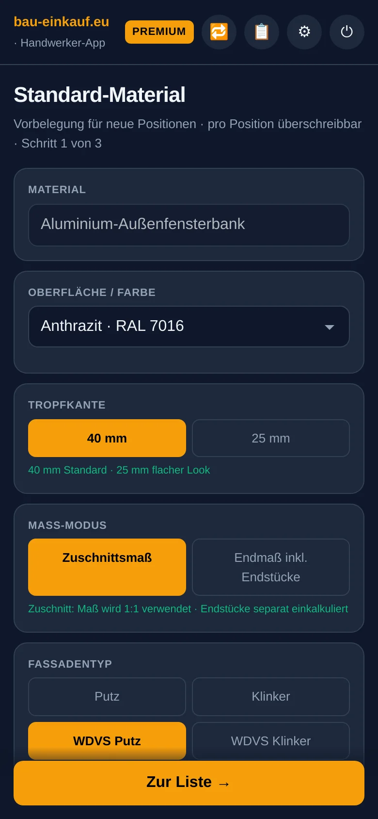 Handwerker-App: Material, Farbe, Tropfkante und Fassadentyp wählen