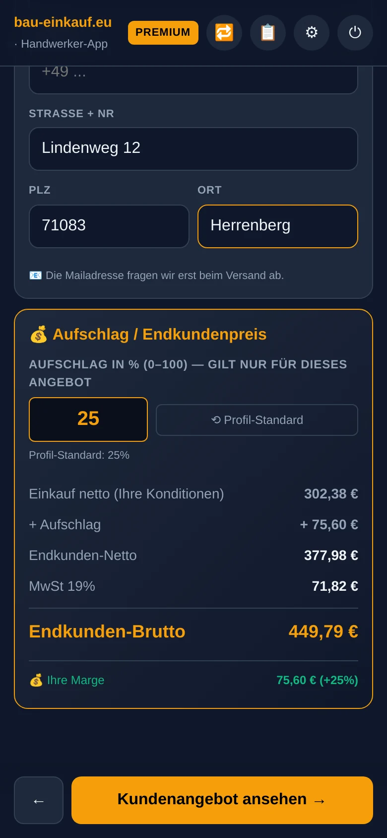 Handwerker-App: Aufschlag in Prozent eingeben, Endkundenpreis und Marge werden berechnet