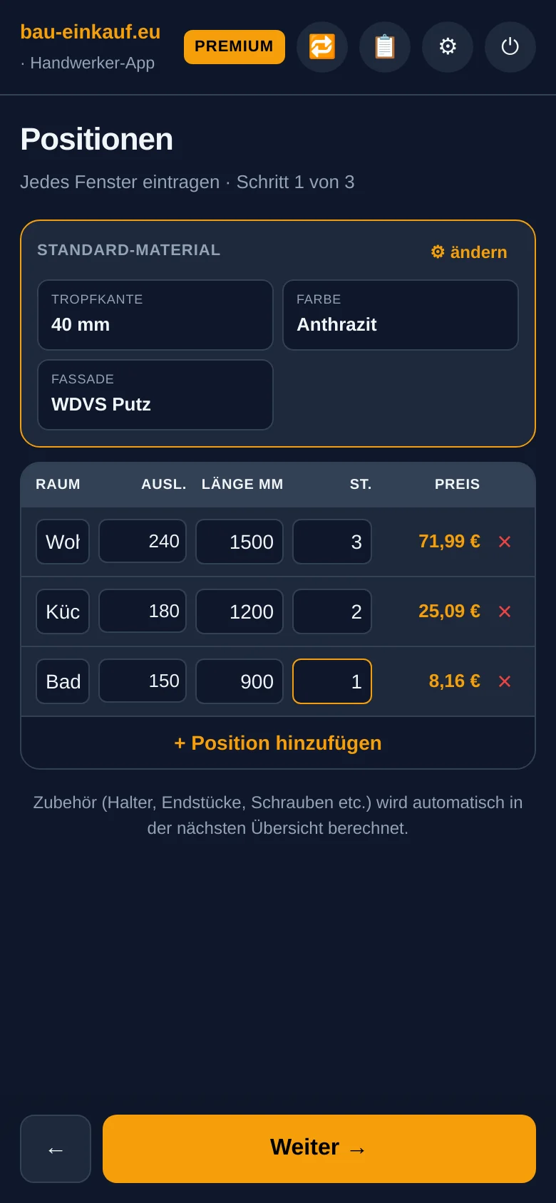 Handwerker-App: Positionsliste mit Raum, Ausladung, Länge, Stückzahl und Preis